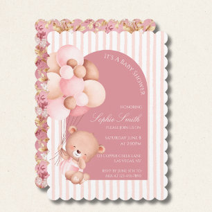 Invitación Globos rosados, rayas florecen Baby Shower Escalon