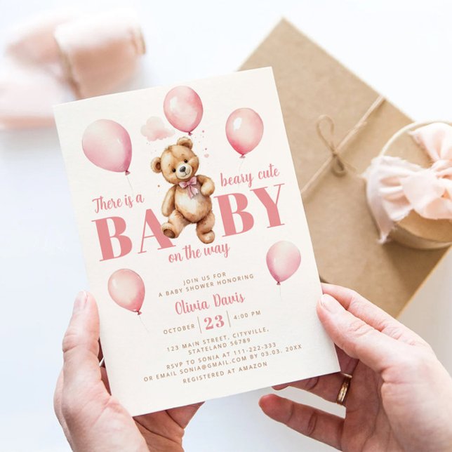 Invitación Globos rosados Teddy Bear Chica Baby Shower modern (Subido por el creador)