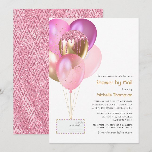 Invitación Globos rosados y dorados Bebé o ducha de novia por (Anverso / Reverso)