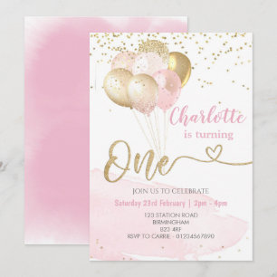 Invitación Globos rosados y dorados, cumpleaños Fiesta