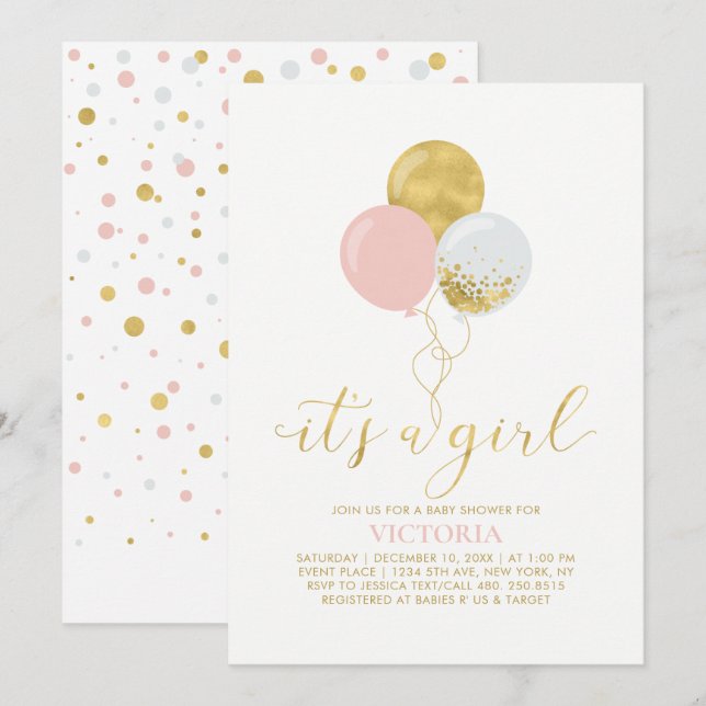 Invitación Globos rosados y dorados | Es un Baby Shower Chica (Anverso / Reverso)