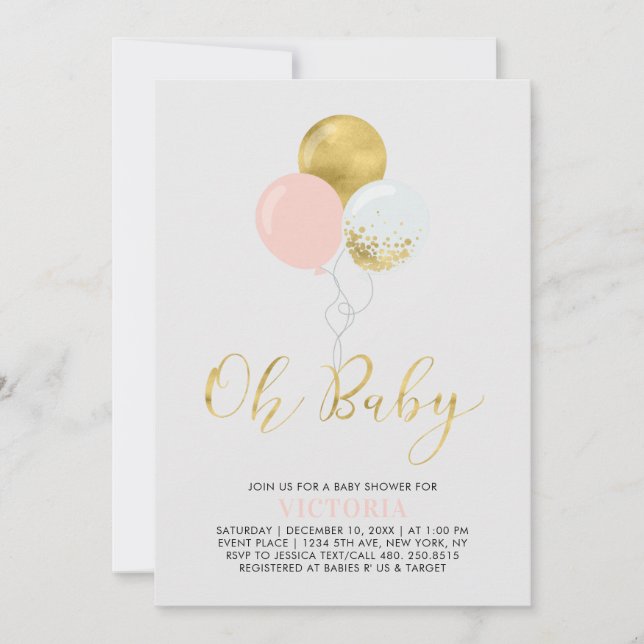 Invitación Globos rosados y dorados | Oh Baby Girl Baby Showe (Anverso)
