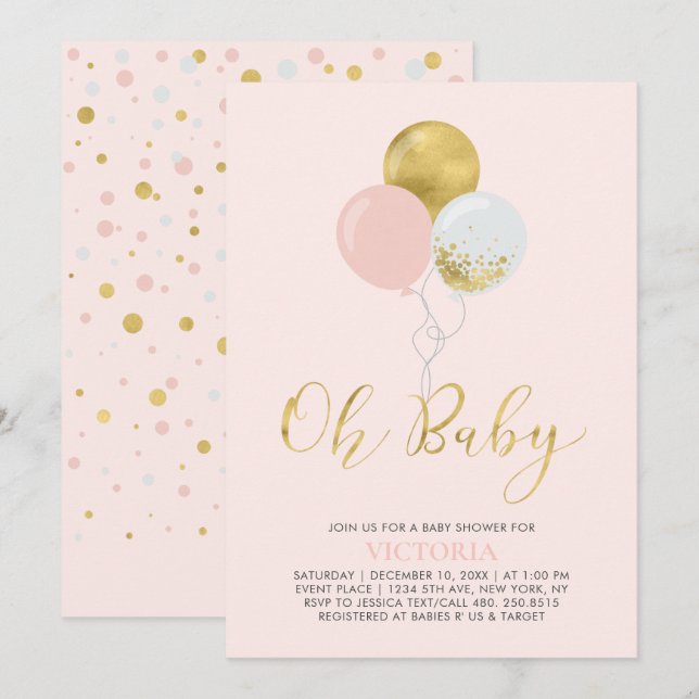 Invitación Globos rosados y dorados | Oh Baby Girl Baby Showe (Anverso / Reverso)
