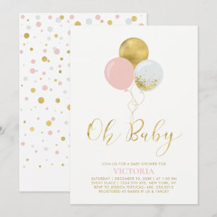 Invitación Globos rosados y dorados Oh Baby Girl Baby Showe