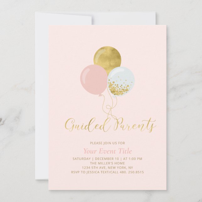 Invitación Globos rosados y dorados para padres guiados (Anverso)