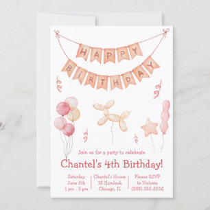 Invitación Globos rosados y fiesta de cumpleaños de banner