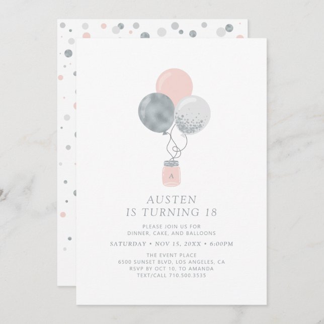Invitación Globos rosados y plateados Fiesta de cumpleaños 18 (Anverso / Reverso)