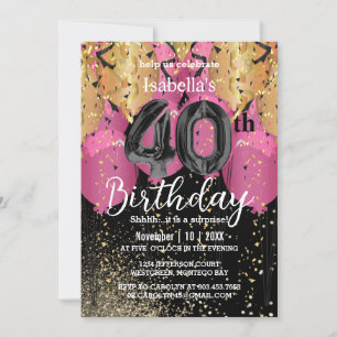 Invitación Globos rosados y Purpurina 40 cumpleaños