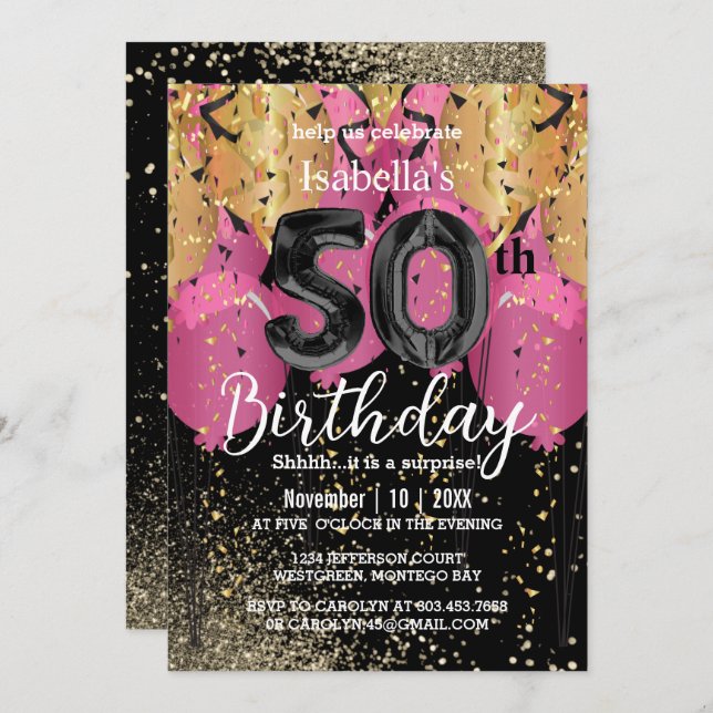 Invitación Globos rosados y Purpurina 50 cumpleaños (Anverso / Reverso)