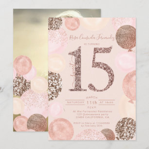 Invitación Globos Rosas purpurinas dorados ruborizan foto de 