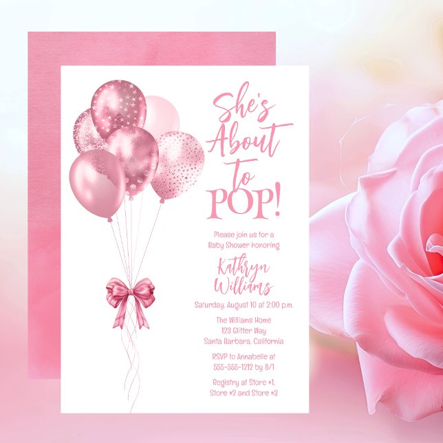 Invitación Globos rosas que está a punto de hacer Baby Shower ("She's Ready to POP!" Pink Translucent Glitter Balloons Girl Baby Shower Invitation.)