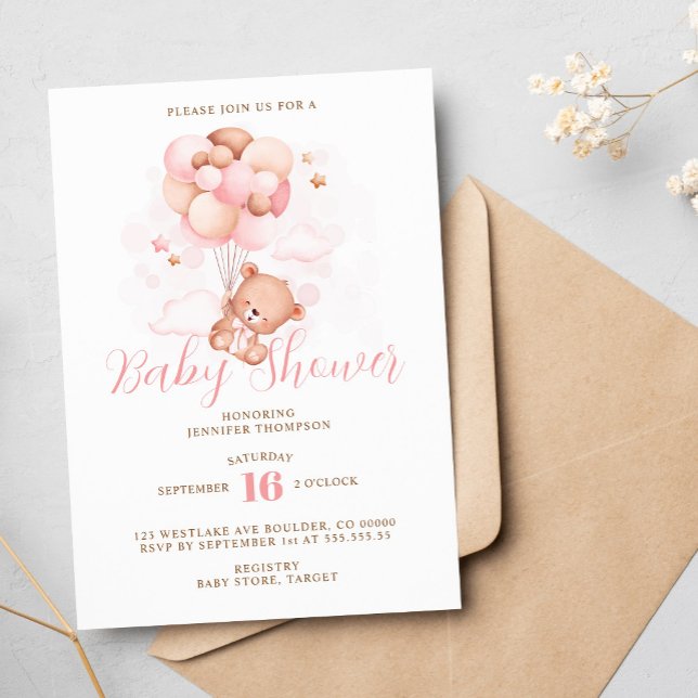 Invitación Globos rosas Teddy Bear Baby Shower (Subido por el creador)