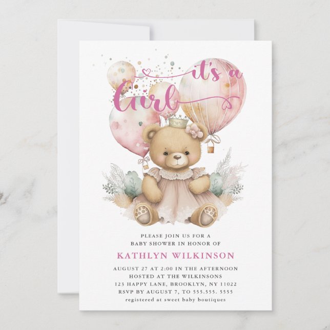 Invitación Globos rosas Teddy Bear Chica Floral Baby Shower (Anverso)
