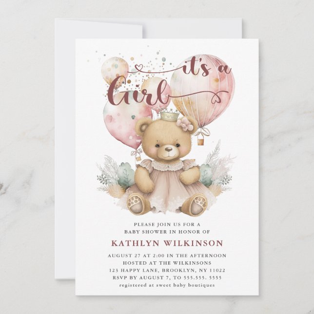 Invitación Globos rosas Teddy Bear Chica Floral Baby Shower (Anverso)