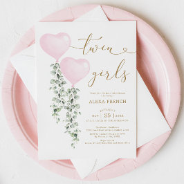 Invitación Globos rosas verde Chicas gemelos cariño bebé