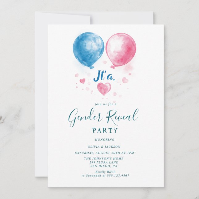Invitación Globos rosas y azules Género revelan Fiesta (Anverso)