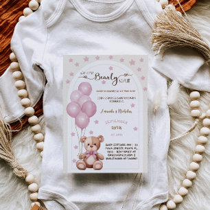Invitación Globos Rústicos Rosados Bearly Wait Baby Shower Ni