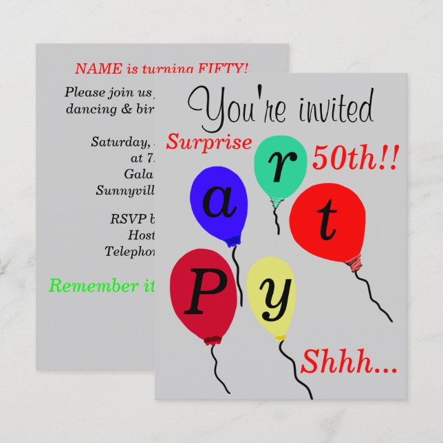 Invitación Globos Sorpresa Cumpleaños 50 años Silver CUALQUIE (Anverso / Reverso)