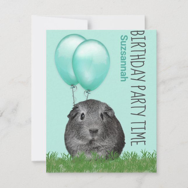 Invitación Globos Turquesa Conejillo de Indias Cumpleaños Per (Anverso)