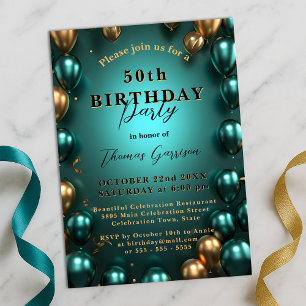 Invitación Globos Verde azulados y de oro brillantes 50 cumpl