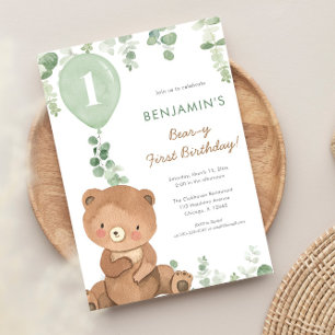 Invitación Globos verdes de primer cumpleaños de oso verde ma