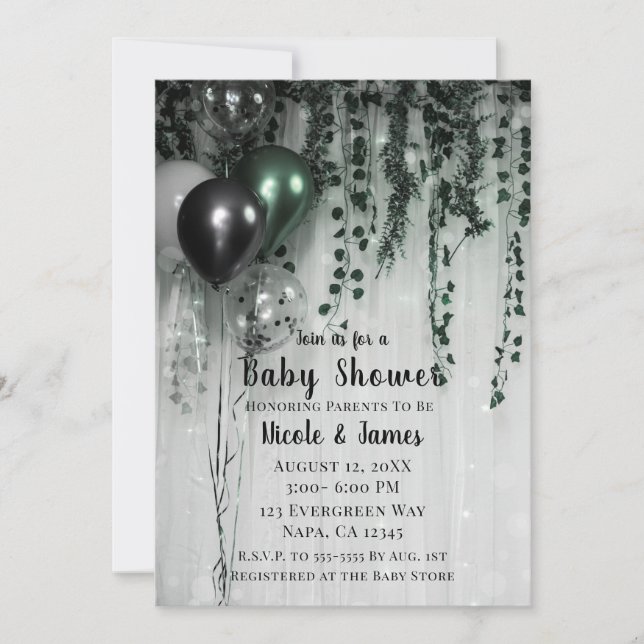 Invitación Globos verdes negros Ivy Jungle Fiesta Baby Shower (Anverso)