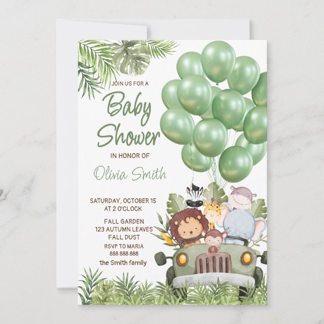 Invitación Globos verdes Safari Animals Baby Shower (Anverso)