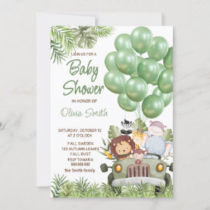 Invitación Globos verdes Safari Animals Baby Shower