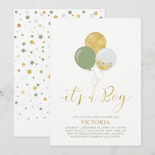 Invitación Globos Verdes y Dorados   Oh Bebé Niño Fiesta de R