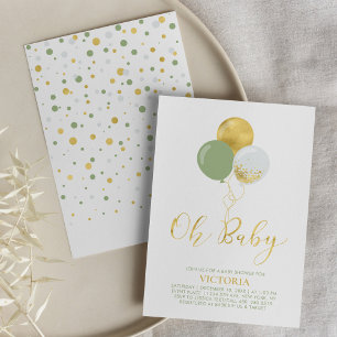 Invitación Globos Verdes y Dorados   Oh Bebé Niño Fiesta de R