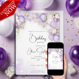Invitación Globos violetas y florales de peonía QR Cumpleaños