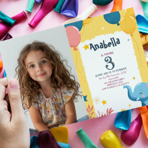 Invitación Globos y elefantes niños amarillos Fiesta de cumpl
