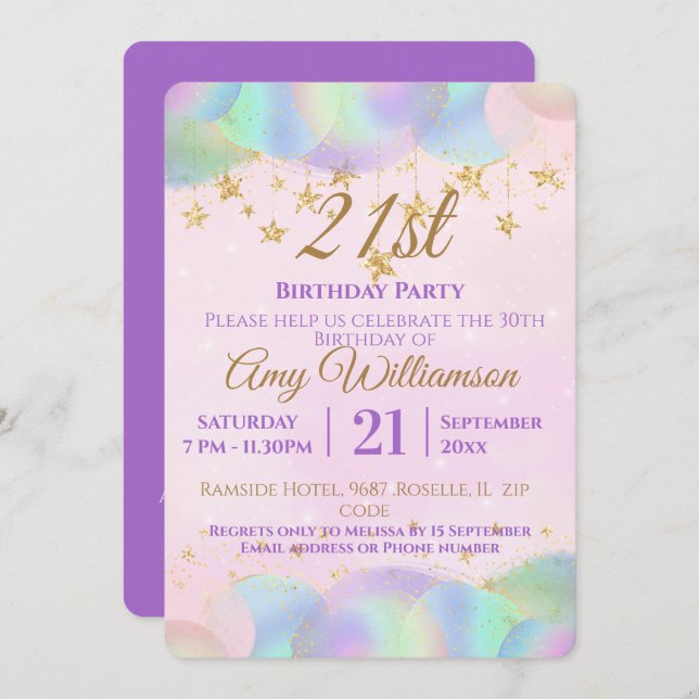 Invitación Globos Y Estrellas Fiesta Rosa 21 de Cumpleaños (Anverso / Reverso)