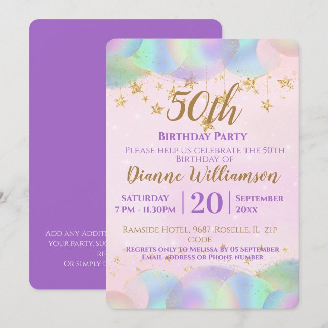 Invitación Globos y estrellas Pink Fiesta de cumpleaños númer (Anverso / Reverso)