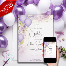 Invitación Globos y Flores Lila QR Cumpleaños