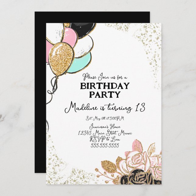 Invitación Globos y flores Pink Black Birday Party (Anverso / Reverso)