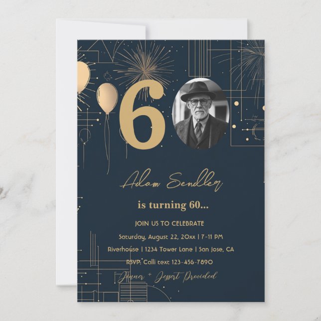 Invitación Globos y fuegos artificiales de la fiesta de 60 añ (Anverso)