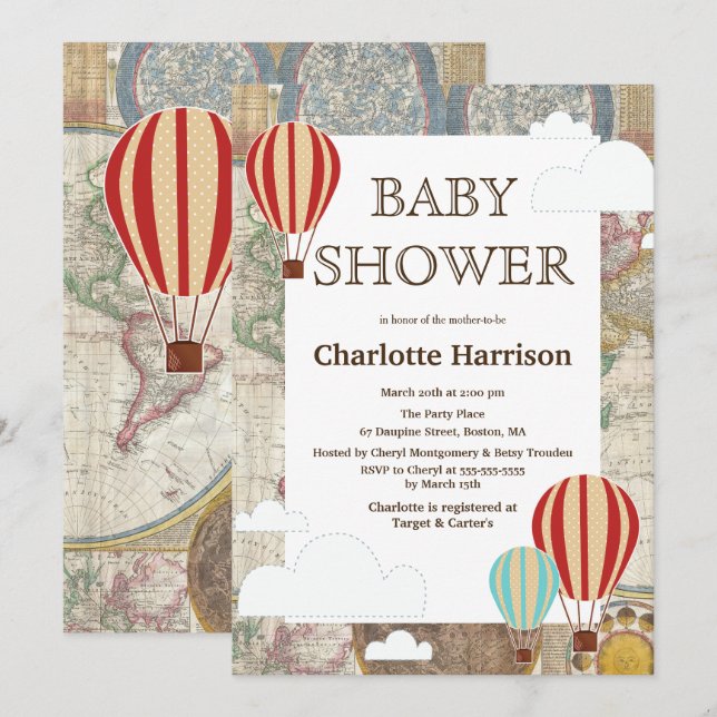 Invitación Globos y nubes de aire caliente Baby Shower World  (Anverso / Reverso)