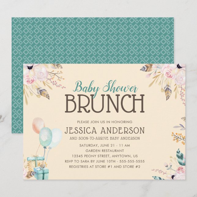 Invitación Globos y regalos | Baby Shower Brunch (Anverso / Reverso)