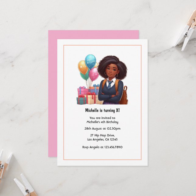 Invitación Globos y regalos Chica moderno Cumpleaños (Anverso/Reverso In Situ)