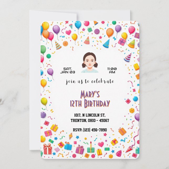 Invitación Globos y regalos de fiesta de cumpleaños personali (Anverso)