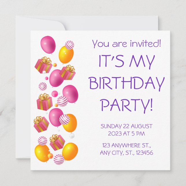 Invitación Globos y regalos. Elegante cumpleaños (Anverso)