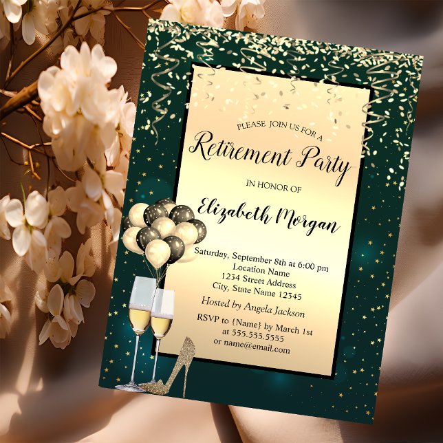 Invitación Globos, zapatos altos de oro, jubilación verde (Subido por el creador)