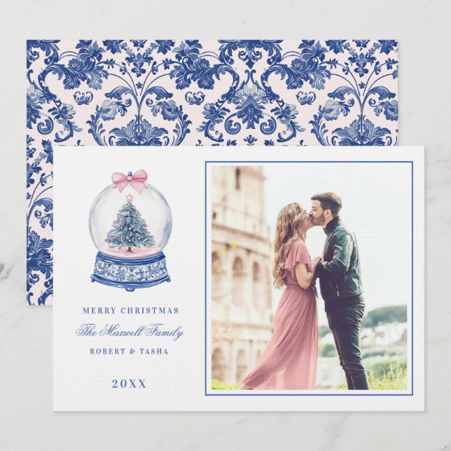 Invitación Glóbulo de nieve rosa y azul de Damasco con foto (Anverso / Reverso)