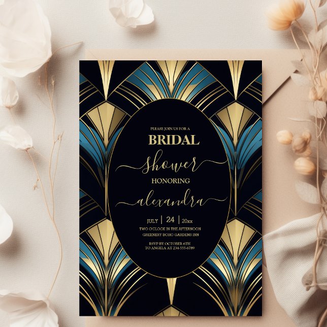 Invitación Gloria azul y oro Art Deco (Subido por el creador)