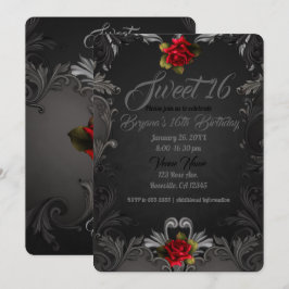 Invitación Gloria Gótica Rosa Roja Negra Ornamental Cumpleaño