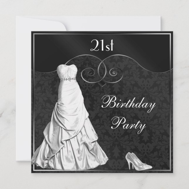 Invitación Glorioso blanco vestido negro plateado 21 cumpleañ (Anverso)