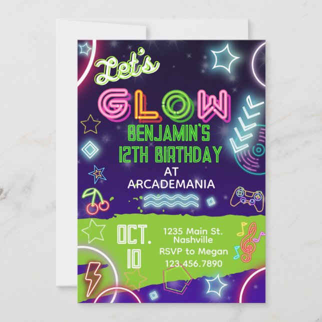 Invitación GLOW Birthday Gaming Arcade Fiesta Glow Neon 80s (Anverso)