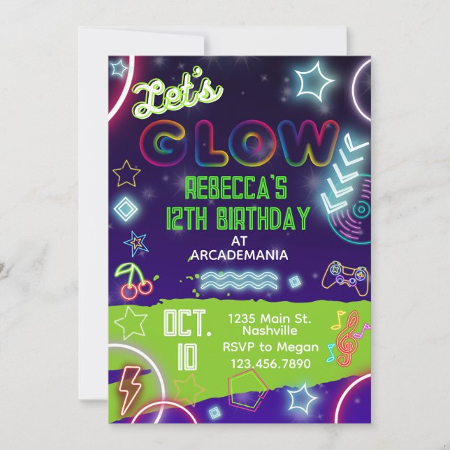 Invitación GLOW Birthday Gaming Arcade Fiesta Glow Neon Tiedy (Anverso)