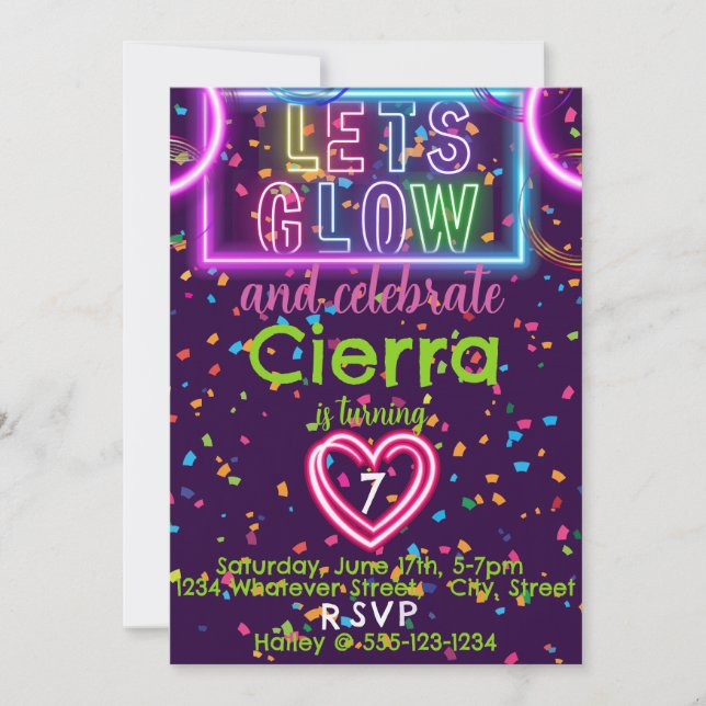 Invitación Glow Birthday Party Kids (Anverso)